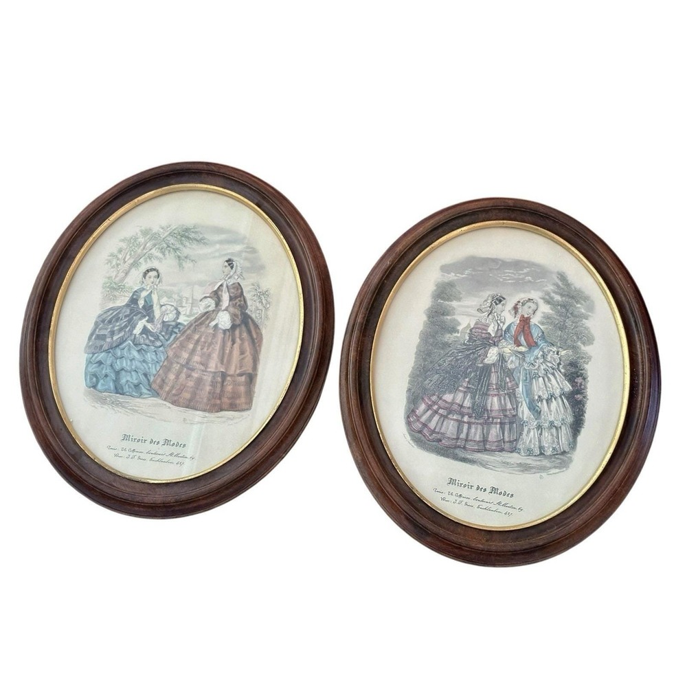 Vintage French Miroir Des Modes Oval Framed Prints - A Set